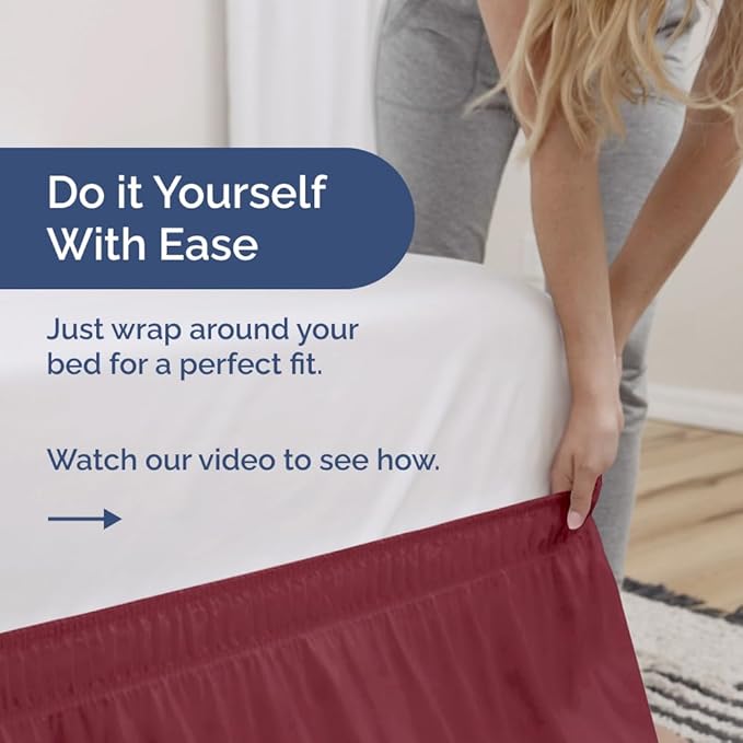 Wrap Around Dust Ruffle Bed Skirt - Burgundy - for Queen Size Beds with 21 Inch Drop - Elastic Strap - Adjustable Pleated Bedskirt with Brushed Fabric and Wrinkle Free - for Women, Men, Kids & Teens