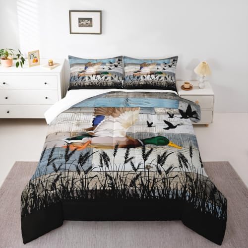 Cute Duck Comforter Set Queen Size Kids Nature Wild Animals Bedding Set 3Pcs Grey Blue Rustic Wooden Barn Quilt Set for Kids Girls Boys Adult Room Decor Men Hunting Duvet Insert,2 Pillowcases