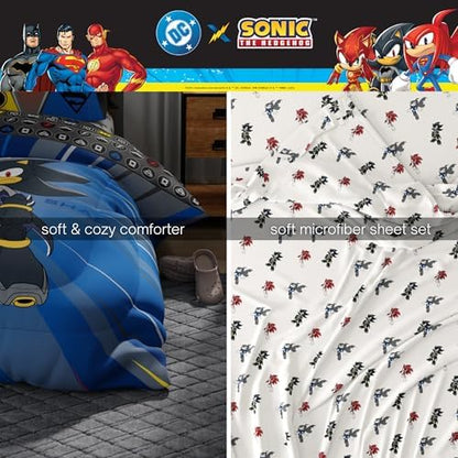 DC x Sonic The Hedgehog Kids Bedding Set, Full Size, 5-Piece Super Soft Cozy Reversible Comforter & Sheet Set (Officially Licensed Product) by Franco