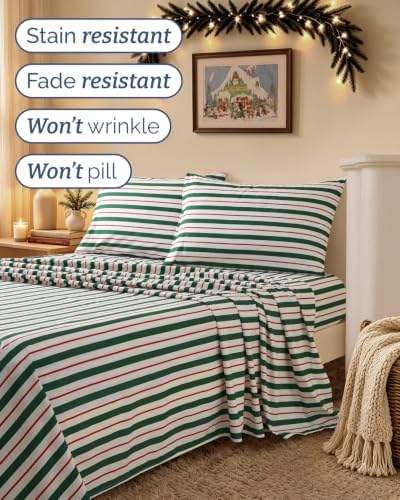 Christmas Sheet Set, Cabana Stripe, Holiday Xmas Bedding Set - Cal King