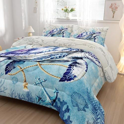 Nttopship Sea Turtle Comforter Bedding Set with 2 Pillowcase Full Size Ocean Comforter Set for Kids Boys Girls Bedroom Decor