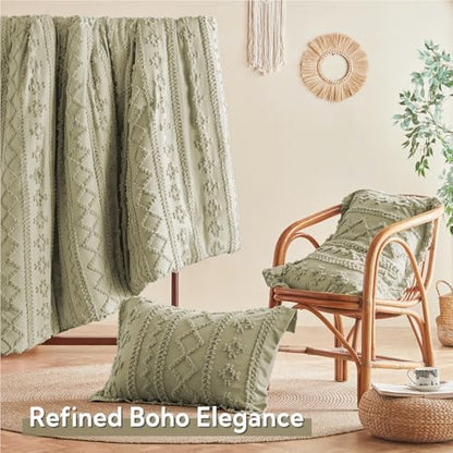 MR&HM 7 Pieces Comforter Set Full, Tufted Boho Farmhouse Bed Set Sage Green