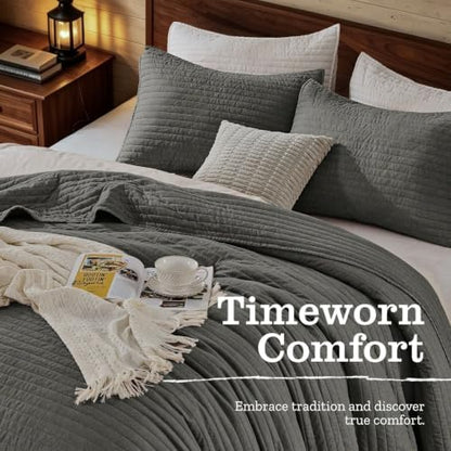 DOWN HOME King Quilt Bedding Set with Shams, Vintage Washed Soft Quilted Blanket Thin Comforter Lightweight Bedspread Coverlet Bed Cover, Brushed Microfiber Stripe Stitching, Ash Gray, 104"x90"