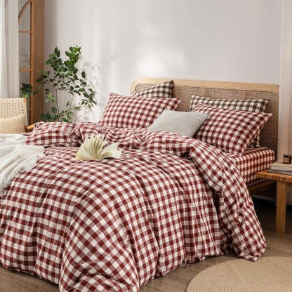 BESTOUCH Gingham Cotton Duvet Cover Set Fired Brick Red King