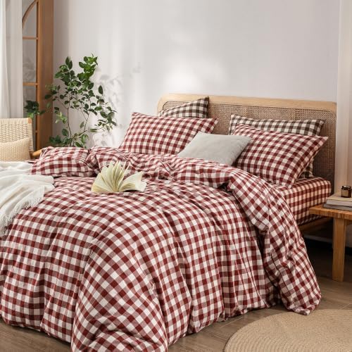 BESTOUCH Gingham Cotton Duvet Cover Set Fired Brick Red Queen