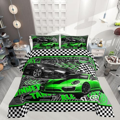 Green Sports Car Children Comforter Set,Race Cars Bedding Set for Kids Boys,Adults Soft Extreme Sports Game Comforter,Teens Racing Theme Quilted Duvet Set Bedroom Collection King Size 3Pcs