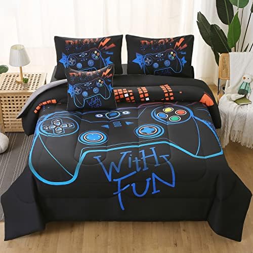 JQinHome Queen Gaming Comforter Sets for Boys,6 Piece Bed in A Bag 3D Video Game Bedding All Season Soft Microfiber Gamer Bedding Sets for Kids, Pillowcase, Flat Sheet, Fitted Sheet,Cushion Cover