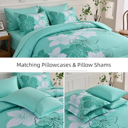 Luxudecor Aqua Comforter Set Full Size, 7 Pieces Floral Bed in a Bag
