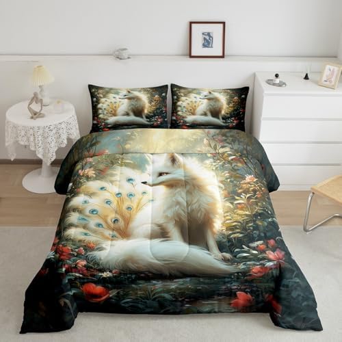 Nine-tailed Fox Kids Comforter Set King Size,Poppy Flowers Leaf Botanical Natural Bedding Set,Girls Boys Room Decor,Wildlife Animals Mysterious Quilt Comforter,Rustic Duvet Insert,2 Pillowcases