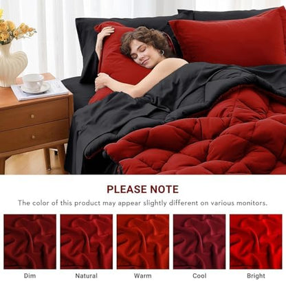 MUXHOMO 7 Pieces King Comforter Set, Reversible Bed in a Bag King Size, All Season Bedding Set with Comforter, Flat Sheet, Fitted Sheet, Pillowcases & Shams, Red & Black