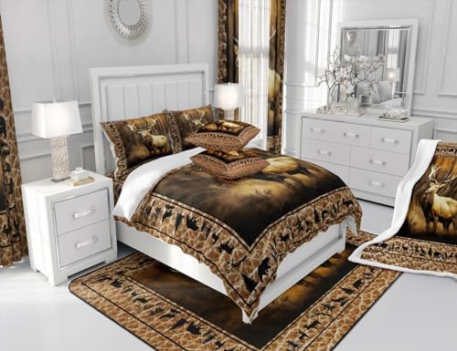 Manfei Deer Comforter Set Full Size, Wild Animal Theme Bedding Set 3pcs for Kids Boys Teens Bedroom Decor, Black Elk Bear Wolf Trees Quilt Set Wildlife Hunting Duvet Set with 2 Pillowcases