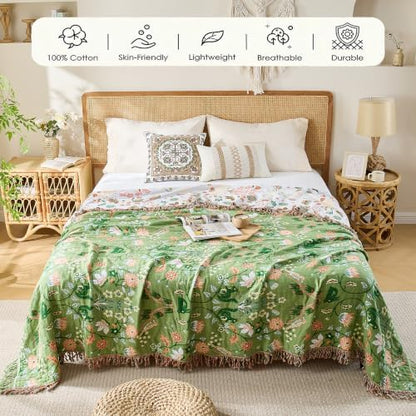 VANJOROY King Boho Throw Blanket, 100% Organic Cotton Breathable Skin-Friendly Ultra Soft 91" x 98" Bed Quilt Green Throw - Floral Rustic Decor Luxury Reversible Blanket for Sofa Couch Chair and Gift