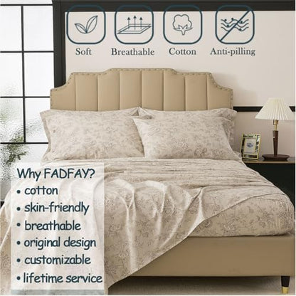 FADFAY Luxury 100% Percale Cotton Twin XL Sheets for College Dorm – Vintage Botanical Floral Bedding, Crisp Cool Breathable Bed Sheets, Deep Pocket Fitted Sheet, French Country Style, 4 Piece Set