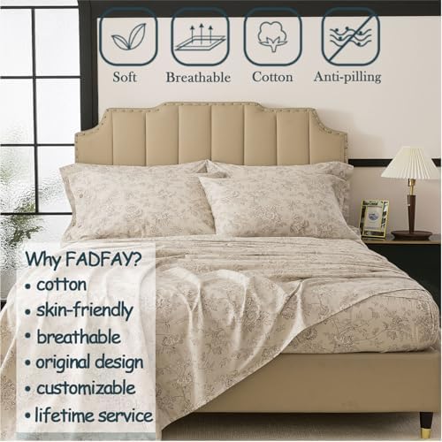 FADFAY Full Size Percale Cotton Sheets Set – 4-Piece Vintage Botanical Floral Bedding, Soft & Breathable, Deep Pocket Fitted Sheet, French Country Style