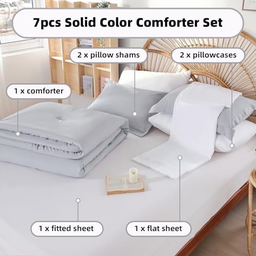 weigelia Queen Comforter Set 7 Pieces Queen Size Comforter Set Light Grey Comforter Queen Size Soft Comforter with Fitted Sheets, Flat Sheets, Pillow Shams, and Pillowcases