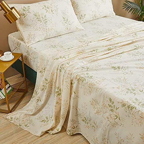 FADFAY California King Sheet Sets, Floral Leaves Bed Sheet Set Premium 100% Cotton 600 TC Green & Cream Flower Bedding Botanical Leaves Printed Soft Deep Pocket Fitted Sheet 4Pcs, Cal King