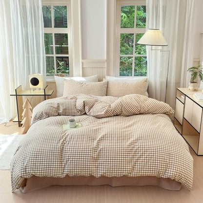 LifeTB Tan Gingham Comforter Set Full Modern Style Beige Plaid Comforter Set 3 Pieces Soft Fluffy Grid Checkered Pattern Comforter with 2 Pillowcases Farmhouse Gingham Bedding Comforter Full