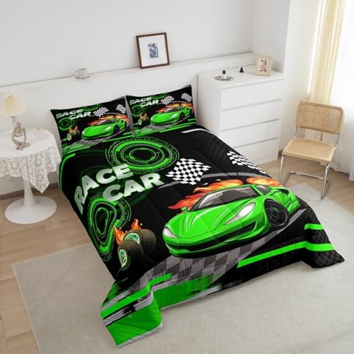 Feelyou Kids Green Race car Comforter Set Toddler Speed Sports Car Bedding Set Boys Girls Automobile Racing Car Quilt Set Extreme Sports Theme Bed Set