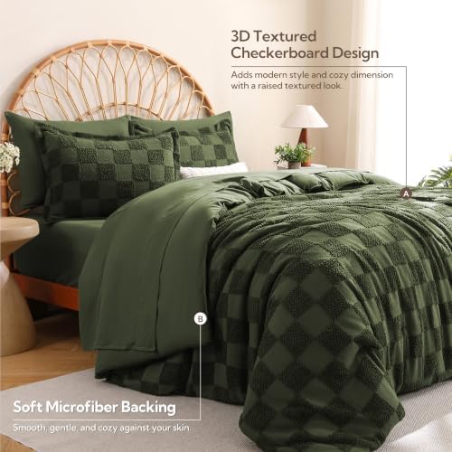 MR&HM 7 Pieces Comforter Set Full, Checkered Boho Bed Set Dark Olive Green
