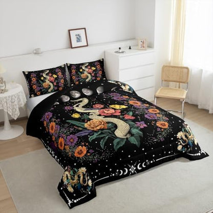 Snake Comforter Set Queen Size,Bohemian Daisy Floral Bedding Set 3Pcs for Kids Girls Boys Teens Room Decor,Sun Moon Starry Sky Quilted Duvet Vintage Hippie Exotic Down Comforter,2 Pillowcases