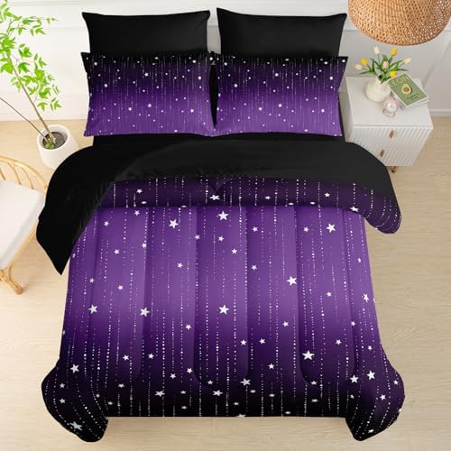 QOOMO Purple Galaxy 7 Pieces Comforter Set Twin,Starry Sky Bedding Set