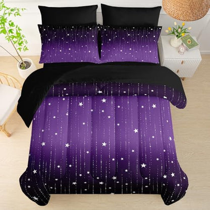 QOOMO Purple Galaxy 7 Pieces Comforter Set Queen,Starry Sky Bedding Set