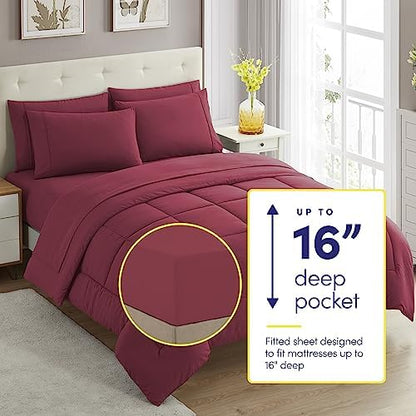 Sweet Home Collection 7 Piece Comforter Set Bag Solid Color All Season Soft Down Alternative Blanket & Luxurious Microfiber Bed Sheets, Burgundy, Twin XL