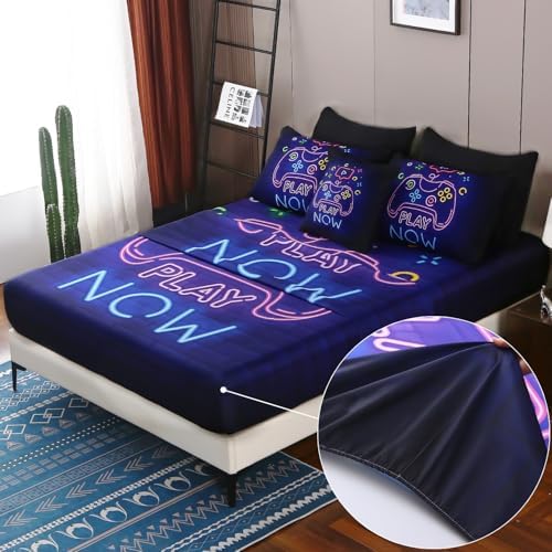 JQinHome Twin Gamer Comforter Set 6 Piece Bed in A Bag for Boys,3D Neon Light Up Design for Classic Console -All Season Soft Microfiber Down Alternative Comforter Gamer Bedding Sets for Kids (Purple)