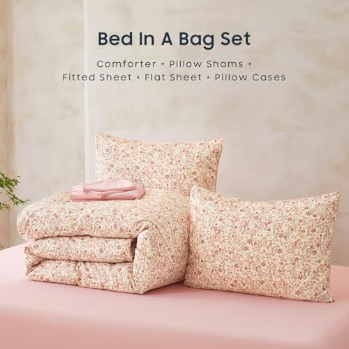 Wake In Cloud - Floral Comforter Set with Sheets, Cute Vintage Flower Cottagecore Aesthetic for Women Teen Girls, 7 Pieces Bed in a Bag, Cream Pink, Full Size