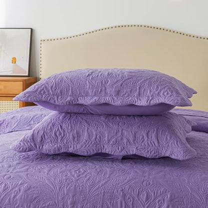 HoneiLife Queen Quilt Bedding Set - 3 Piece Microfiber Quilt Sets Lightweight Bedspreads Reversible Coverlets Rustic Bed Cover Floral Bedding Set All Season Quilts-Purple