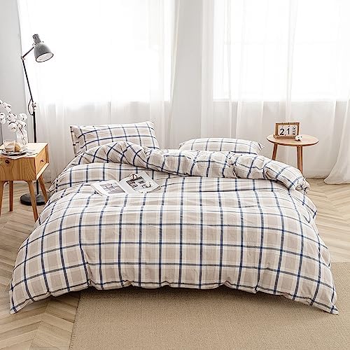 FACE TWO FACE Bedding Duvet Cover Set 3 Pieces 100% Washed Cotton Duvet Cover Linen Like Textured Breathable Durable Soft Comfy(King, Blue Grid)