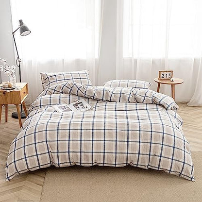 FACE TWO FACE Bedding Duvet Cover Set 3 Pieces 100% Washed Cotton Duvet Cover Linen Like Textured Breathable Durable Soft Comfy(King, Blue Grid)