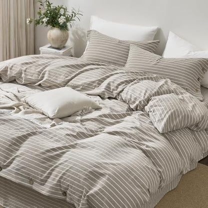 JELLYMONI 100% Washed Cotton Beige Striped Duvet Cover Set Full