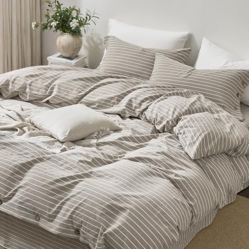 JELLYMONI 100% Washed Cotton Beige Striped Duvet Cover Set Twin