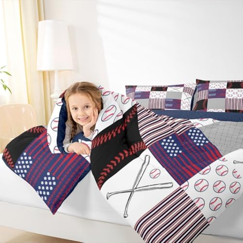 Boys Baseball Bedding Set Full Ball Games Sports Comforter Set for Kids Teens,Red Blue Abstract American Flag Bedding Comforter Set Patchwork Grey Grid USA Flag Quilt Duvet Set with 2 Pillow Cases