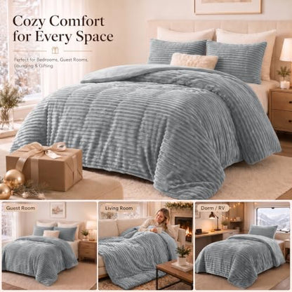 CozyLux Fleece Full Size Comforter Sets, 3 Piece Winter Warm Grey Bedding