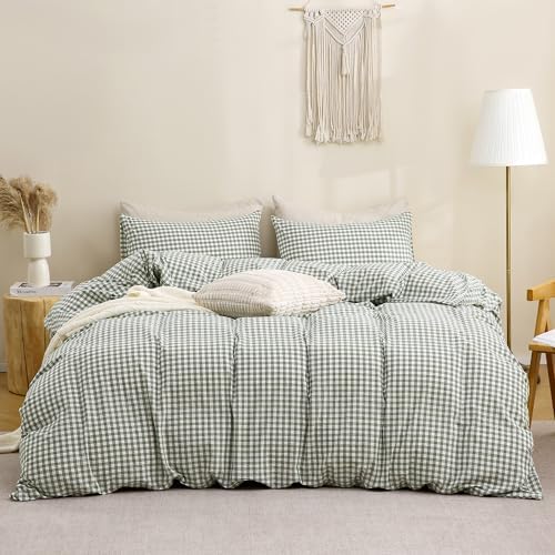 TOCOMOA Green Gingham Duvet Cover Set Washed Cotton Like Linen, Twin