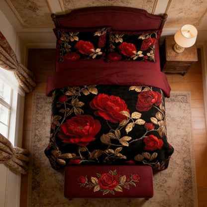 CCoutueChen Vintage Floral Comforter Set Full Size, Red and Black Bedding Set with Gold Botanical Leaves, Dark Burgundy Soft Microfiber Comforter for Adult Women, 3Pcs 2 Pillowcases / 79"x90"