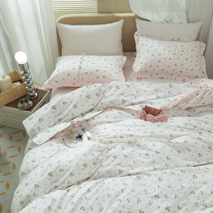 Vintage Floral Comforter Set Full Size Garden Style Pink Floral Bedding Set Aesthetic Cottagecore Flowers Botanical Comforter Set with 2 Pillowcases Fluffy Lightweight Bedding Set for All Seasons
