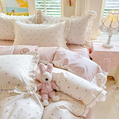 Romantic Ruffle Duvet Cover Set Twin XL, 3 Piece Cute Pink Flower Duvet Cover Girls Floral Cottagecore Bedding Set, Soft 100% Cotton Princess Lace Bedding Botanical Duvet Cover with 2 Pillowcases