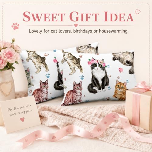 AILONEN Watercolor Cat Print Bedding Set Twin Size with Cats and Footprints Comforter Set for Boys Girls,Group of Cute Cats Soft Breathable White Tint Duvet Set 3 Pieces, 1 Quilt and 2 Pillowcases
