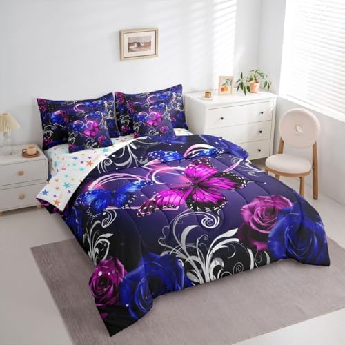 Feelyou Cute Butterfly Comforter Set with Sheets 7 Piece Queen Size