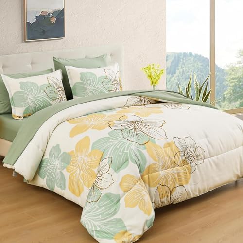 Luxudecor Sage Green Floral Comforter Set King Size, 7 Pieces Bed in a Bag Gold Glitter Metallic Comforter and Sheet Set, Soft Microfiber Complete Bedding Sets for All Seasons