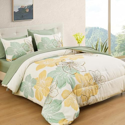 Luxudecor Sage Green Floral Comforter Set King Size, 7 Pieces Bed in a Bag Gold Glitter Metallic Comforter and Sheet Set, Soft Microfiber Complete Bedding Sets for All Seasons