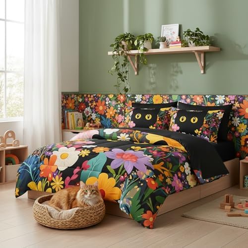 QOOMO Floral Cat 7 Pieces Comforter Set King Size,Floral Cat Bedding Set