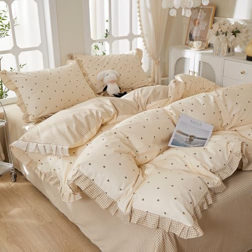 mixinni Floral Duvet Cover Set Twin Size – 100% Cotton 3-Piece Bedding Set with Ruffled Trim, Reversible Vintage Beige Gingham & Strawberry Print, Soft Aesthetic Duvet Cover with Zipper Closure