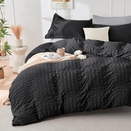HYMOKEGE Black/Light Grey Queen Comforter Set Seersucker 7 Pieces, All Season Luxury Bed in a Bag Queen for Bedroom, Bedding Set with Comforter, Sheets, Pillowcases & Shams