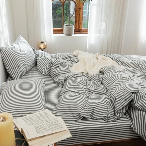 FOSSA Striped Duvet Cover Set 100% Washed Cotton Linen Feel Super Queen