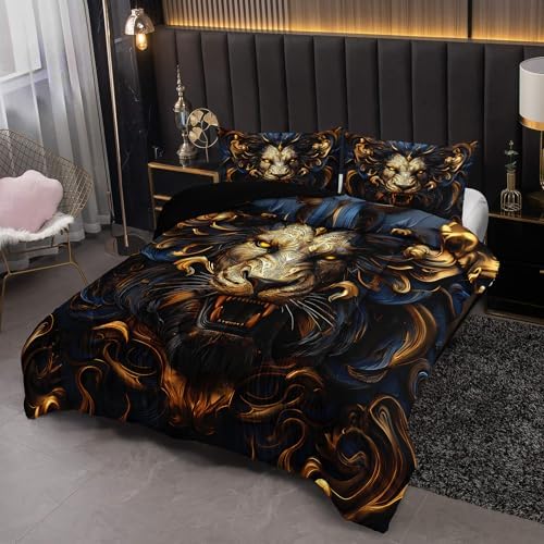 Black and Gold Lion Comforter Set Queen Bed Set，Lion Animal Print Bedding Queen Size，with 1 Comforter with 2 Pillow Case，Animal Themed Bedroom Decor