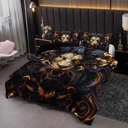 Black and Gold Lion Comforter Set Queen Bed Set，Lion Animal Print Bedding Queen Size，with 1 Comforter with 2 Pillow Case，Animal Themed Bedroom Decor